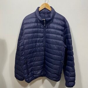 Navy Blue Down Puffer Jacket Mens Large Lightweight Quilted Full Zip Coat Travel